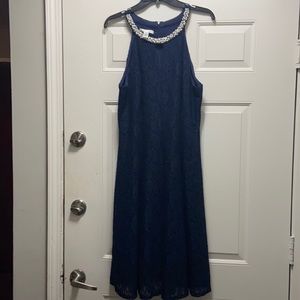 Navy blue dress with pearl neckline; size 14